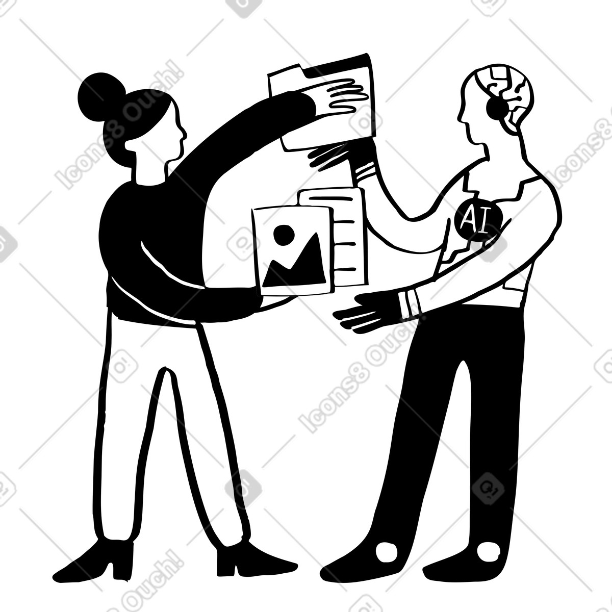 Ilustração de Robô humano e ia trocando informações em PNG e SVG