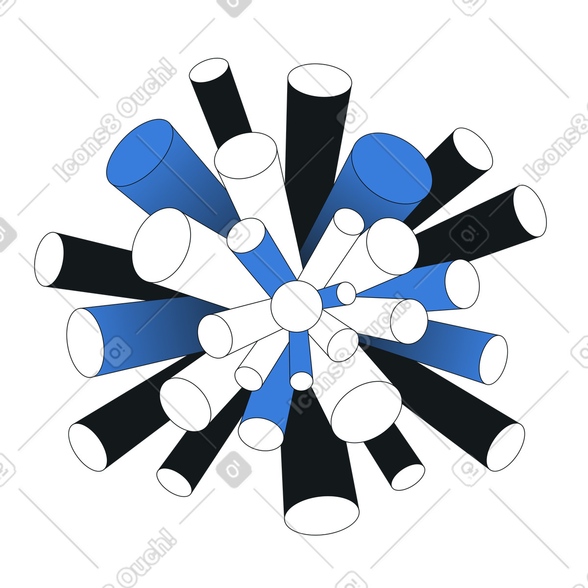 Illustration Cylindres reliés rayonnant vers l'extérieur, design créatif et décoration abstraite dans le style Midnight à télécharger aux formats PNG, SVG