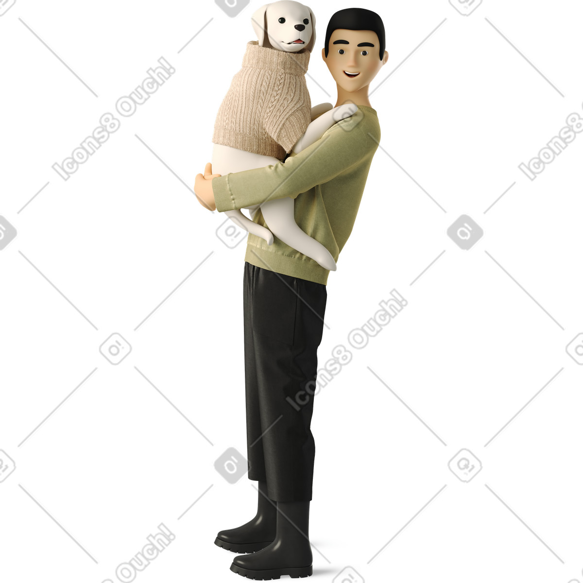 Young man holding a dog illustration featuring animal clipart in PNG