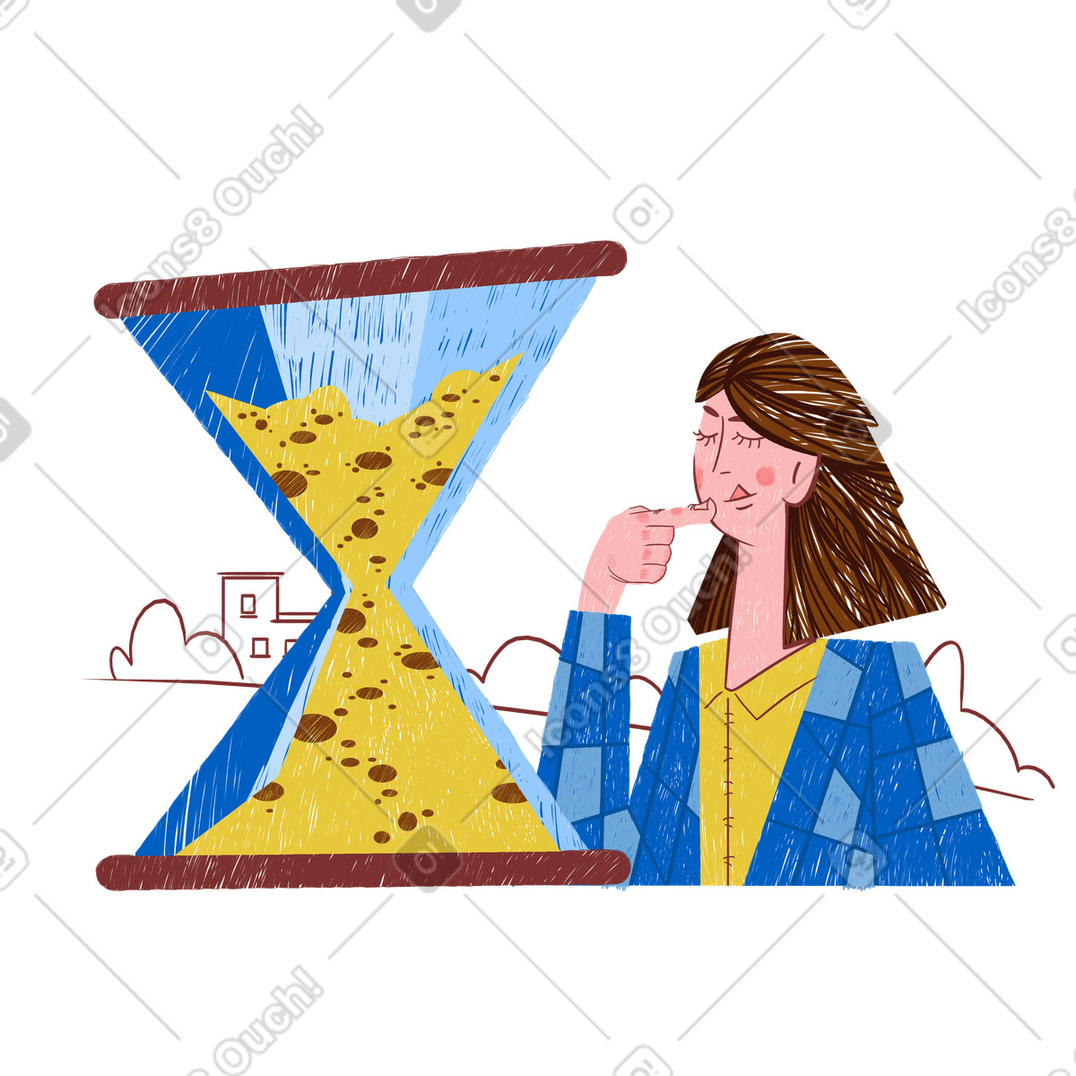 Hourglass and waiting woman as loading illustration in PNG, SVG