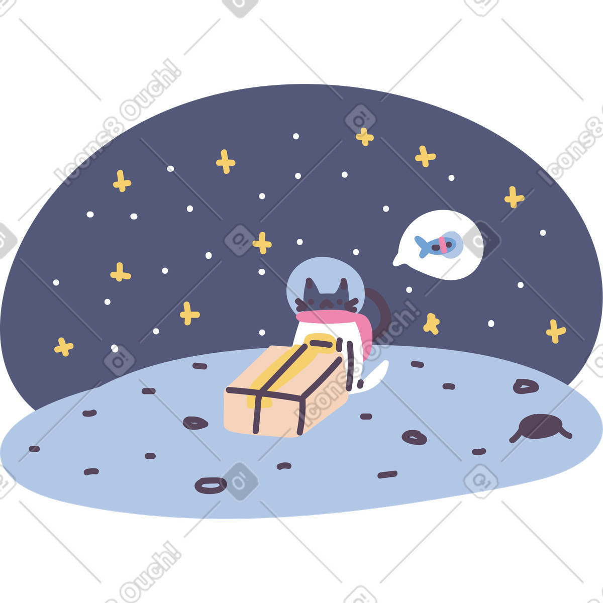 Cat delivering parcel in space illustration in Pluto style download in PNG, SVG
