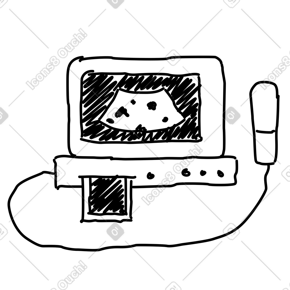 下载 Rough Sketch 风格的 Ultrasound machine monitor displaying sonogram image and connected handheld probe 插画，支持 PNG、SVG 格式