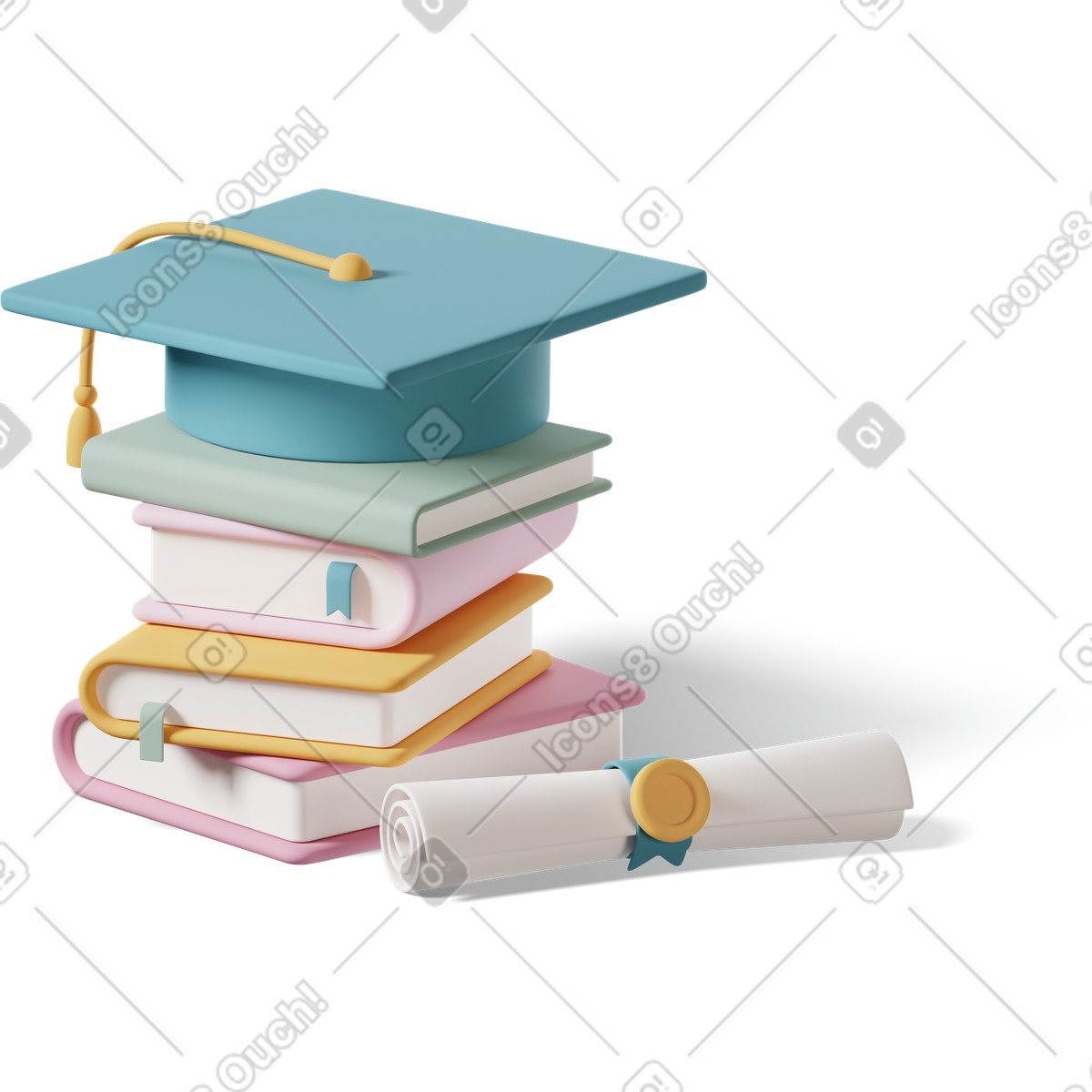 3D Casual life 스타일의 Books, graduation hat and diploma scroll 일러스트레이션 PNG, SVG 다운로드