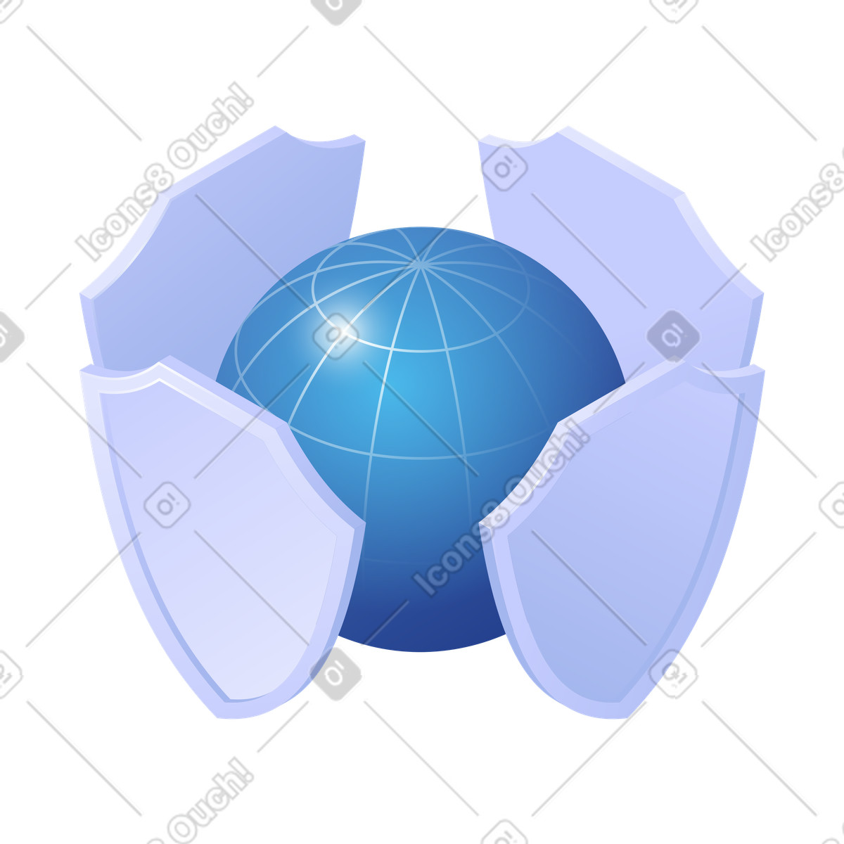 Ilustración Globo terráqueo azul protegido por escudos, ciberseguridad global y protección de la red, seguridad privacidad datos en internet estilo Quantum a descargar PNG SVG