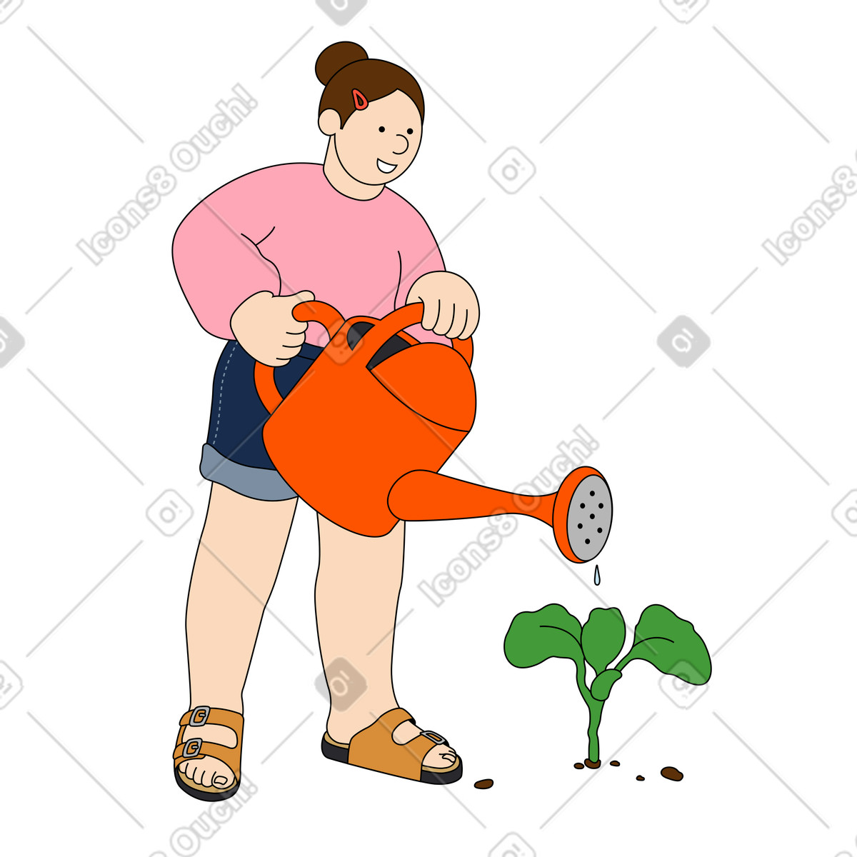 Illustration Jeune femme arrosant une plante dans le style Kindy à télécharger aux formats PNG, SVG