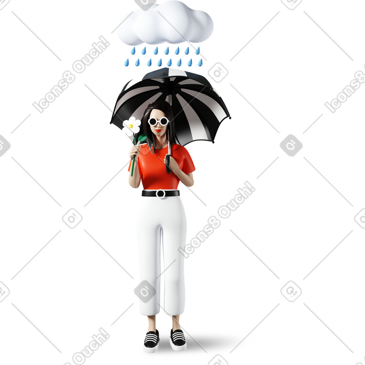 Donna con fiore e ombrello in piedi sotto la pioggia illustrazione in stile 3D Plastic people scarica in PNG, SVG