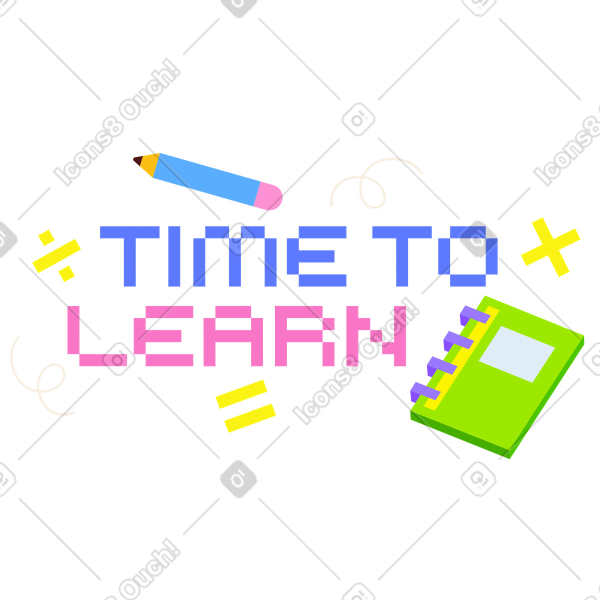 Lettering Time to Learn with pencil, notepad and match signs text illustration in 8bit style download in PNG, SVG