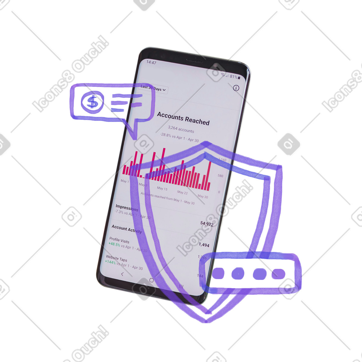 Ilustração de Cibersegurança no telefone, receita da conta em estilo Marker para baixar em PNG, SVG