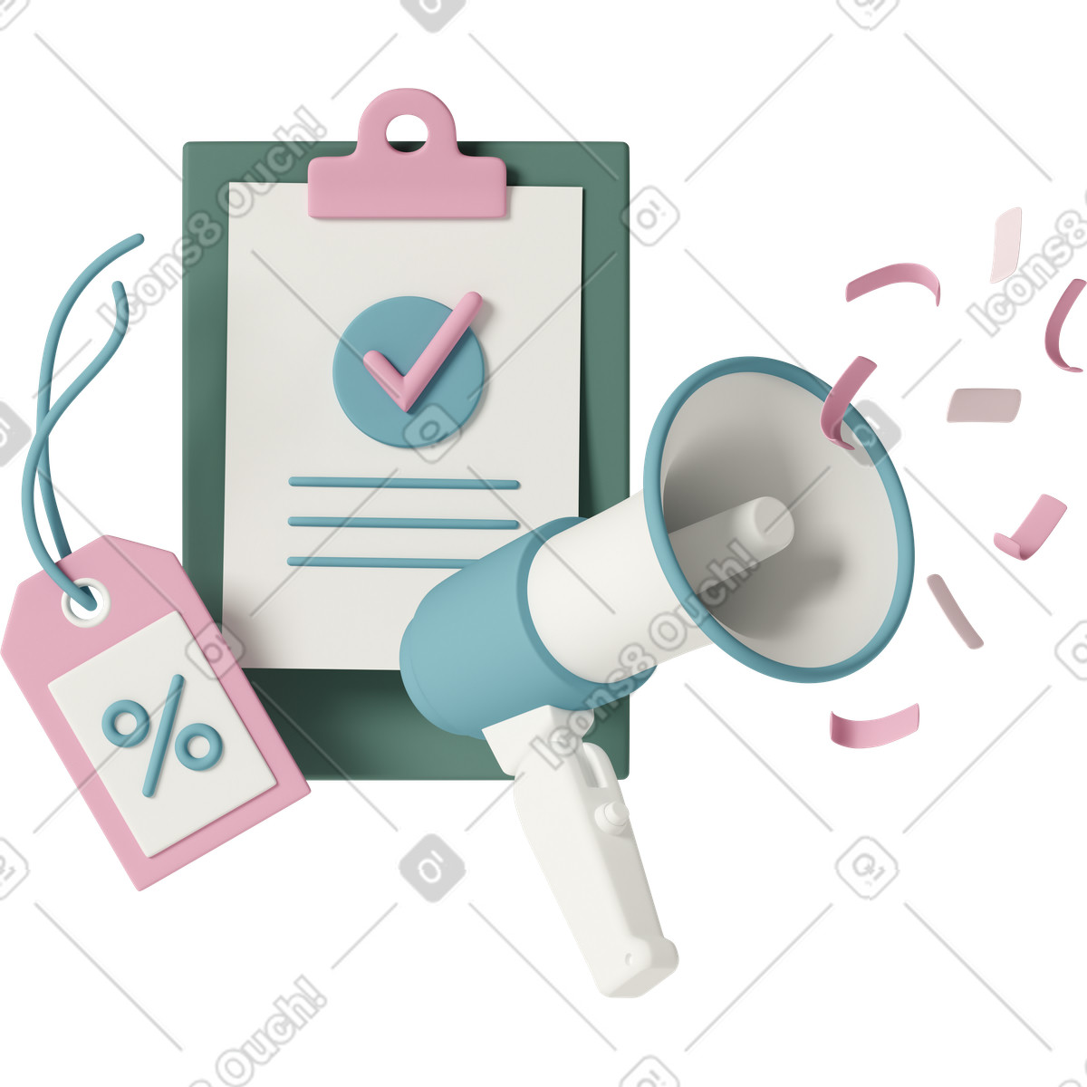 Discount tag and megaphone-Illustration im 3D Casual life-Stil als Download in PNG, SVG