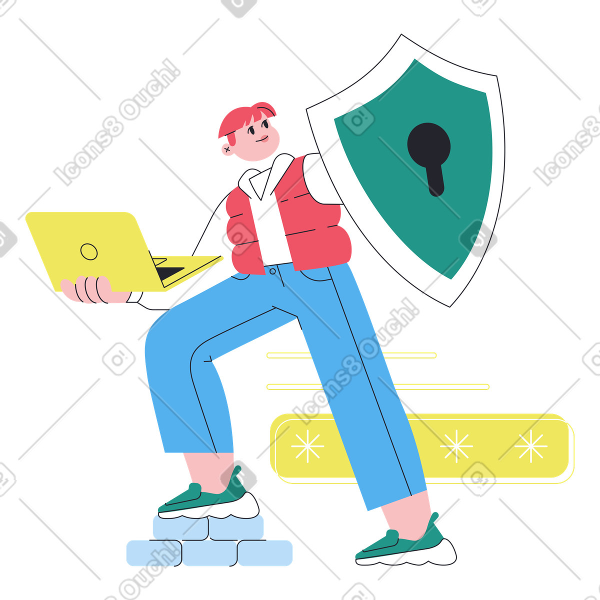 Ilustração de Homem com escudo protegendo informações no laptop em PNG e SVG