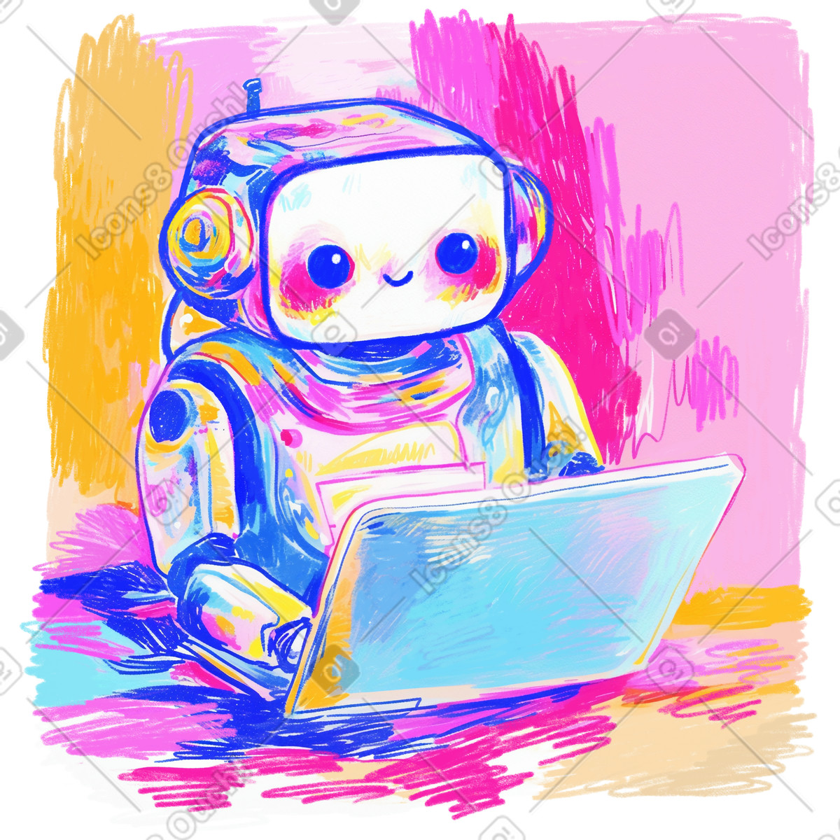 Cute robot using laptop, friendly ai chatbot illustration, colorful tech mascot drawing illustration in Fuchsia style download in PNG, SVG