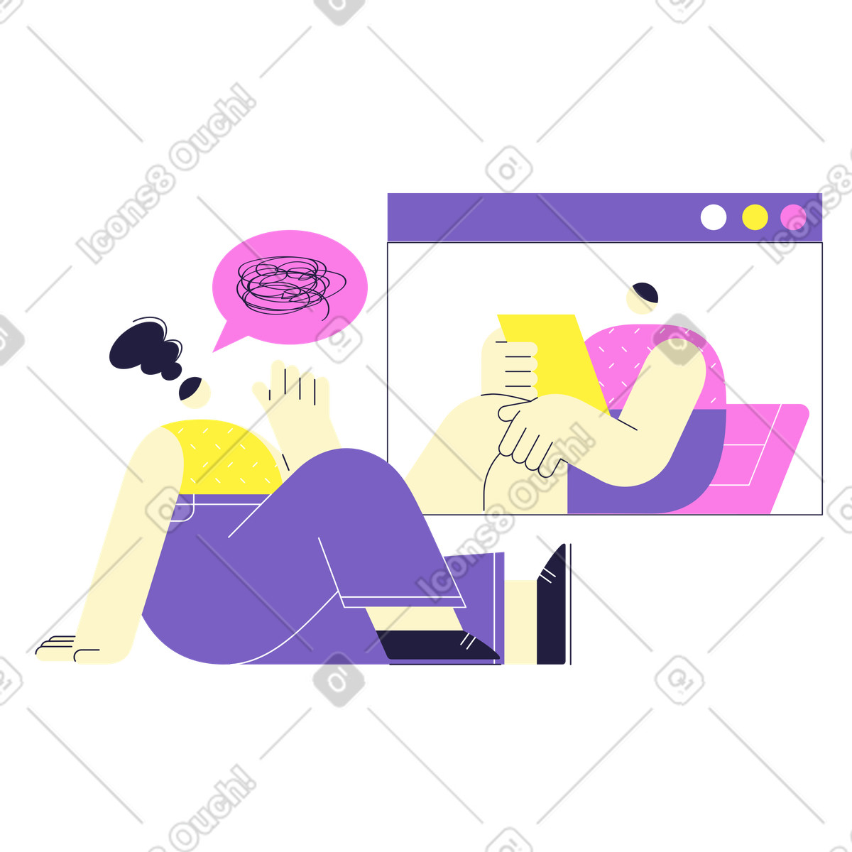 Ilustración Mujer recibiendo consulta de psicólogo en línea estilo Mellow a descargar PNG y SVG