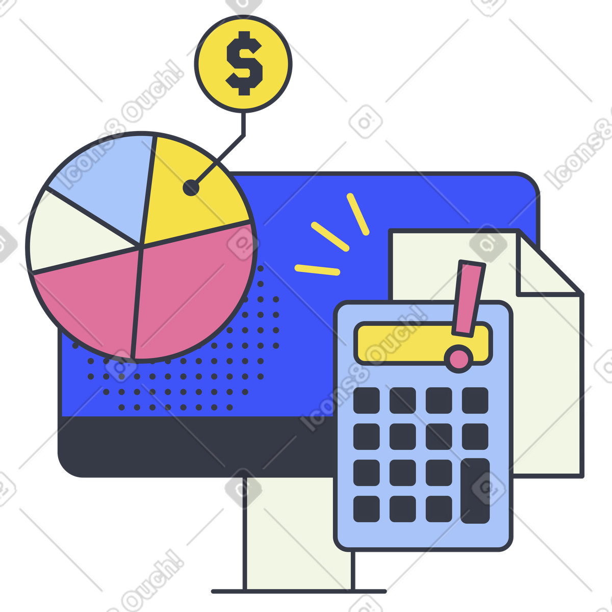 Calculator, monitor and chart illustration in Abstract style download in PNG, SVG