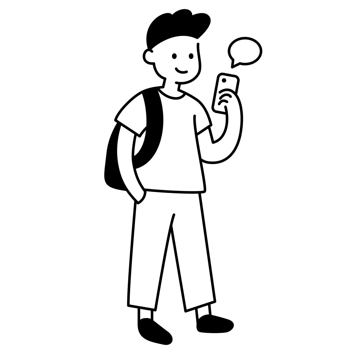 Ilustração de Messaging teenager checking smartphone while carrying backpack to school em no estilo Notion Line Art para baixar em PNG, SVG