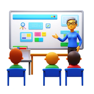 A teacher standing in front of a 3D interactive whiteboard while delivering a lesson. The whiteboard displays vibrant, animated educational content, such as diagrams and interactive elements. The teacher, a middle-aged individual with glasses, gestures towards the board, engaging with students. A classroom setting with colorful desks and students attentively watching and participating is visible in the background.