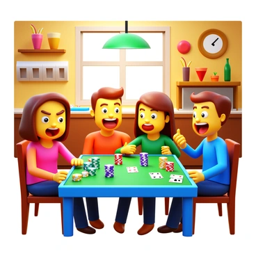 A family gathered around a kitchen table, engaged in a lively poker night. Each member has a playful poker face, with exaggerated expressions of concentration and mischief. The table is covered with colorful poker chips and playing cards, creating a vibrant scene. Various snacks and drinks are scattered around, adding to the casual atmosphere. The kitchen features warm lighting and cheerful decor, enhancing the sense of togetherness and fun.