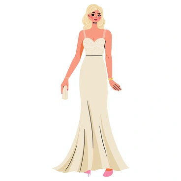 A woman posing elegantly in a flowing, floor-length formal gown made of shimmering fabric. The gown features intricate beadwork that catches the light and a fitted bodice that accentuates her silhouette. She holds a delicate clutch in one hand, while the other hand rests gracefully on her hip. Her hair is styled in soft, cascading waves, adorned with a small decorative hairpiece. The background shows hints of an upscale event, with tables set elegantly and soft ambient lighting that enhances the sophisticated atmosphere.