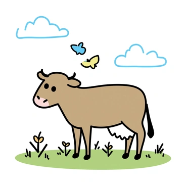 A brown cow standing calmly in a green field, with patches of grass and wildflowers visible. The cow has large, expressive eyes and is facing slightly to the left. Around the cow, several colorful butterflies are fluttering, with their wings displaying shades of blue, yellow, and orange. The sky above is clear with a few soft, white clouds scattered. The scene conveys a peaceful atmosphere, highlighting the gentle interaction between the cow and the butterflies.