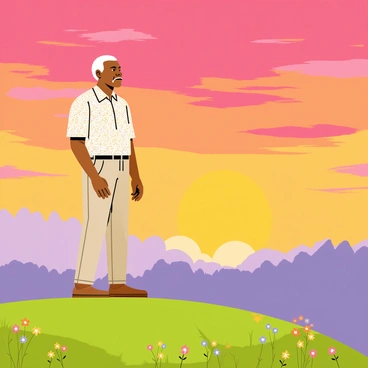 Nelson Mandela standing on a grassy hill with a slight breeze blowing. He is wearing a traditional patterned shirt and khaki trousers. His gaze is directed towards the horizon, where a vibrant sunset displays a palette of orange, pink, and purple hues. The sky is scattered with soft clouds reflecting the sunset colors. In the foreground, wildflowers dot the hillside, adding splashes of color to the scene. Mandela's silhouette is framed against the brilliant sky, capturing a moment of reflection and peace.