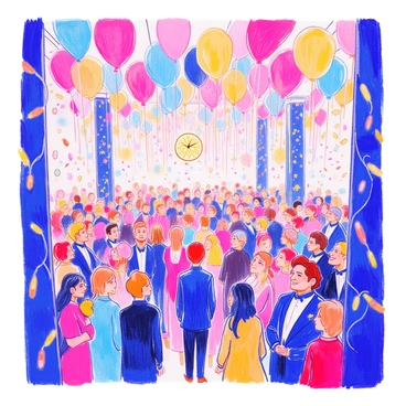 A ceiling view of a balloon drop in a crowded room just as the clock strikes twelve