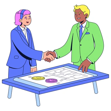 Two holographic figures in bright, translucent colors are depicted shaking hands. The figures are wearing sleek, futuristic attire, with one in a blue suit and the other in a green outfit. They stand over a digital table displaying a glowing screen with a detailed crypto trade agreement, which features various charts and symbols representing cryptocurrency. The background is minimalistic, emphasizing the figures and the agreement in the center.