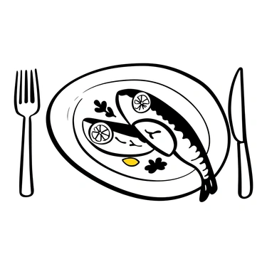 A gourmet dish featuring grilled mackerel fillets arranged elegantly on a white plate. The mackerel is garnished with thin slices of "lemon" placed artfully on top. Surrounding the fish, there are delicate sprigs of "parsley" for contrast. A drizzle of "olive oil" is visible on the plate, adding a touch of sheen. The background consists of a simple table setting with a fork and knife placed beside the plate.