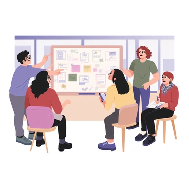A digital flat illustration depicting a diverse team of five creatives gathered around a large whiteboard. The team includes two men and three women, representing different ethnic backgrounds. One man has short black hair and is wearing a blue shirt and glasses; he is actively pointing at the whiteboard. The second man has curly brown hair and is in a green t-shirt, leaning forward with a thoughtful expression. One woman has long straight black hair and is wearing a yellow blouse, holding a marker while looking at the board. The second woman has a pixie cut and is dressed in a red sweater, writing notes on a notepad. The third woman has curly red hair, is wearing a patterned scarf, and is sitting on a stool, looking excitedly at her team members. The whiteboard is filled with colorful diagrams, sticky notes, and sketches, reflecting their brainstorming session. The background is a bright office space with large windows letting in natural light.