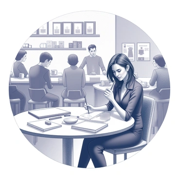 An artist seated at a round table in a busy coffee shop. The table is covered with a variety of art supplies, including sketchbooks, pencils, and erasers. The artist has a focused expression, holding a pencil poised over a sketchbook. Surrounding the artist, patrons are engaged in conversation, and there are coffee cups and pastries on nearby tables. The background includes a counter with a barista preparing drinks and shelves lined with coffee bags and mugs.