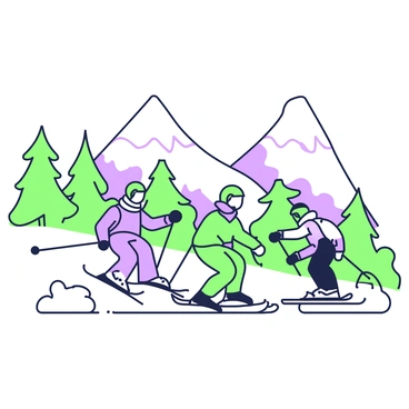 A group of skiers is gliding down snow-covered slopes. Each skier is dressed in bright winter gear, with helmets and goggles for safety. The skiers are positioned at different angles, showcasing dynamic movement as they carve through the fresh powder. In the background, there are towering snowy peaks that rise majestically against the clear sky. The slopes are dotted with pine trees, their branches heavy with snow, contributing to the winter landscape.