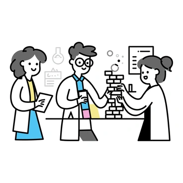 A group of three scientists in a laboratory is engaged in a creative experiment using Jenga blocks. One scientist, wearing glasses and a lab coat, is carefully stacking the blocks on a table. The second scientist, with short curly hair, is observing intently while holding a notepad. The third scientist, a woman with long hair tied back, is preparing to add another block to the structure. The room is filled with scientific equipment, such as beakers and test tubes, and there is a whiteboard in the background with some notes and diagrams.