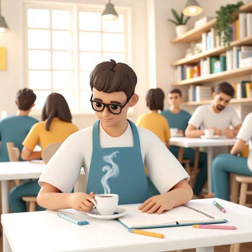 An illustrator, wearing a blue apron and black glasses, is sitting at a table in a bustling cafe. The cafe is filled with customers chatting and enjoying their drinks. On the table in front of the illustrator, there is a steaming cup of coffee, emitting wisps of steam into the air. The illustrator is focused on a sketchbook, with various colored pencils scattered around. Sunlight filters through large windows, casting warm light on the scene. In the background, there are shelves filled with books and plants, adding to the cozy atmosphere.