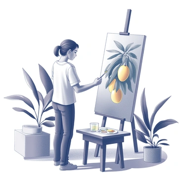 A close-up view of an artist engaged in painting a mango tree on a large canvas. The artist stands outside, surrounded by nature. The artist is holding a paintbrush and is focused intently on their work. The large canvas displays a depiction of a mango tree with lush foliage and fruits. The artist's palette, containing various paint mixtures, rests nearby on a small table. The setting includes a gentle breeze causing leaves to flutter, with the sunlight illuminating the scene.