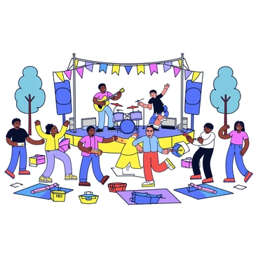 A vibrant outdoor music festival setting. The stage is adorned with colorful banners and lights, with a band energetically performing. The musicians consist of a singer, a guitarist, and a drummer, all dressed in casual attire. In front of the stage, a crowd of diverse festival-goers is dancing joyfully, some with arms raised and others swaying to the music. Colorful blankets and picnic baskets are scattered across the grass, adding to the lively atmosphere. A few trees can be seen in the background, enhancing the outdoor environment.