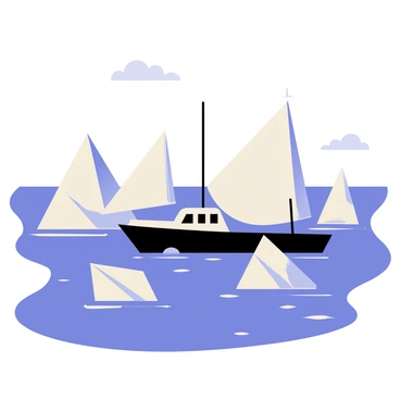 A ship with a dark blue hull and white sails is navigating through icy waters. The water is a deep blue color with small waves reflecting the sunlight. Surrounding the ship are large, majestic icebergs with sharp, angular shapes and varying shades of white and light blue. Some icebergs have a smooth surface, while others are jagged and rough. The sky above is clear with a few fluffy white clouds scattered across the horizon.