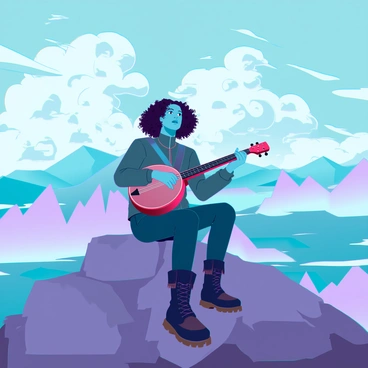 A lone musician with medium skin and curly hair sits on a rugged mountain peak, intently playing a wooden banjo. He is wearing a rugged, weathered jacket and sturdy boots, contrasting with the natural landscape around him. The sky above is filled with fluffy, drifting clouds that partially obscure the sun, casting dynamic shadows across the rocky surface. The musician's expression is focused, immersed in his music, as the wind gently moves his hair. In the background, expansive valleys and distant peaks can be seen, adding depth to the scene.