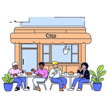 A cozy Parisian café named 'Coco' with patrons enjoying pastries outside