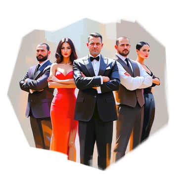 A formal portrait of a mafia family with five members standing together. The family patriarch is in the center, a middle-aged man with slicked-back dark hair and a well-tailored black suit, exuding authority. To his left, a woman in an elegant red dress and with long dark hair, displaying confidence and poise, is crossing her arms. On his right stands a younger man, wearing a crisp white shirt and a black vest, smirking slightly, showcasing a playful yet rebellious attitude. Behind them, two other family members contribute to the group dynamic: one is a burly man with a thick beard and a leather jacket, arms crossed, projecting strength and loyalty, while the other is a slender woman with short hair in a stylish black outfit, looking directly at the viewer with a sharp gaze. The portrait captures their distinct personalities through their poses and expressions, set against a neutral backdrop.