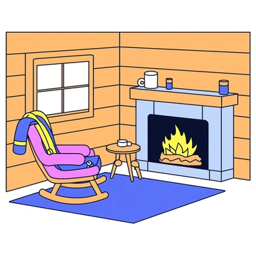 The interior of a snug log cabin features warm wooden walls and a high ceiling. A comfortable rocking chair with a cushioned seat is positioned next to a roaring fireplace. The fireplace has a stone mantel and bright flames flickering inside. Near the chair, there is a small wooden side table holding a steaming mug. Soft, woven blankets are draped over the back of the rocking chair, adding to the cozy atmosphere. A thick rug covers the wooden floor, enhancing the cabin's warmth.