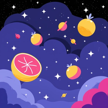 A galaxy filled with vibrant colors, showcasing deep blues and purples. Floating in the scene are several large grapefruits with bright pink and yellow hues, each one gently drifting among sparkling white stars. The grapefruits have a slight glow, illuminating the space around them. Various celestial bodies, such as small planets and comets, can be seen in the distance, adding to the whimsical atmosphere of the scene. The background is a swirling mix of cosmic clouds, enhancing the surreal quality of the galaxy.
