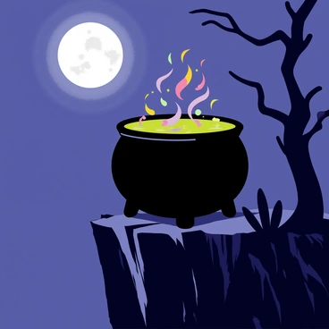 A large black cauldron sits at the edge of a rugged cliff, outlined against the night sky. The cauldron is bubbling with a vivid green potion, from which wisps of colorful vapors rise into the air. Above, a bright full moon casts a silvery glow, illuminating the scene and creating shadows on the rocky surface of the cliff. The surrounding landscape is dotted with dark, twisted trees, enhancing the mystical atmosphere of the setting.