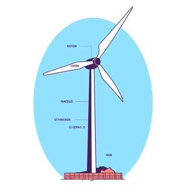 A wind turbine is depicted in a detailed illustration, showcasing its various components with labels. The turbine stands tall against a clear blue sky. The large blades are in motion, capturing the wind energy. Each blade is labeled, alongside the rotor which connects them. The hub, where the blades meet, is prominently displayed with its label. Below, the nacelle is shown, containing vital components like the gearbox and generator, each clearly marked. The tower rises sturdy, with a label indicating its height and structure. Finally, the base of the turbine features a small orange fence and a grassy area, providing context and grounding for the structure.