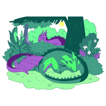 A green dragon with shimmering scales is lying on a soft patch of grass in a vibrant forest. The dragon's wings are folded gently against its body, and its large eyes are closed in peaceful slumber. Nearby, a purple dragon is curled up next to a large tree, its tail wrapped around the trunk. Sunlight filters through the leaves above, casting dappled patterns on the ground. In the background, other dragons are seen at rest among the ferns and flowers, creating a tranquil atmosphere within the lush greenery.