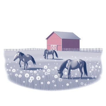 A wide field filled with dandelions swaying gently in the breeze. Several horses are calmly grazing among the dandelions, their manes flowing gracefully. In the background, a red barn stands prominently, featuring a classic gabled roof and large double doors. The barn is surrounded by a simple fence, completing the rural landscape. The scene conveys a peaceful coexistence between the horses and the vibrant, flowering field.