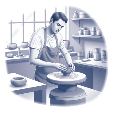 A potter is engaged in shaping a lump of clay on a spinning wheel. The potter's hands are covered in wet clay as they skillfully mold the material into a vessel. The wheel spins rapidly, creating a blur around the potter's focused expression. The studio is filled with various clay pots and tools scattered on wooden tables, and sunlight filters through a nearby window, casting gentle shadows across the workspace. The walls are adorned with shelves holding finished ceramic pieces and tools.