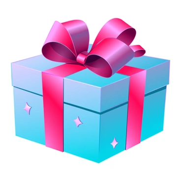 A beautifully wrapped gift box with vibrant blue and silver paper. The box is topped with a large, glossy red ribbon bow that is perfectly tied, creating an elegant flourish. The corners of the gift are sharply creased, and there are decorative stars printed on the wrapping paper. Soft light is reflecting off the ribbon, highlighting its shiny texture.