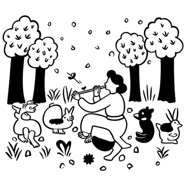 A figure of Krishna playing a flute, surrounded by various friendly forest creatures such as deer, rabbits, and birds. The forest is dense with trees and foliage providing a natural setting. The creatures are depicted with attentive postures, some sitting while others are standing, all focused on the sound of the flute. The ground is covered with grass and scattered leaves, enhancing the woodland atmosphere.