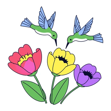 A group of hummingbirds hovering in mid-air, displaying iridescent feathers in shades of green and blue. They are feeding on vibrant, brightly colored flowers with large petals, such as red, yellow, and purple blooms. Each bird has its beak extended towards the flowers, and their wings are a blur from rapid movement. The scene captures the intricate details of the flowers, with visible textures on the petals and green leaves surrounding them.