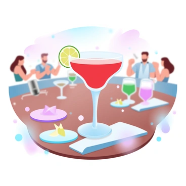 A coupe glass is filled with a vibrant cocktail that has a bright red color and a slice of citrus floating on top. The glass is placed on a polished wooden table with a reflective surface. Surrounding the glass are small decorative elements like colorful coasters and elegant napkins. In the background, there are several people mingling at a stylish cocktail party, with soft lights creating a warm ambiance. Various other drinks can be seen on the table, adding to the festive atmosphere.