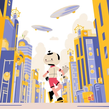 A cartoon-style illustration of "Cuphead" walking through a steampunk city. The city features tall buildings with intricate gears and brass elements. There are airships floating in the cloudy sky above, with propellers spinning and steam billowing from them. Mechanical contraptions can be seen on the streets, including clockwork devices and animated robots. "Cuphead" is wearing his signature red shorts and white gloves, with a determined expression as he navigates the bustling scene. The city is vibrant, filled with a mix of metallic colors and soft, warm lighting.