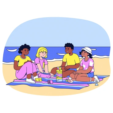 A group of three friends sitting on a colorful blanket spread out on the sand at the beach. One friend is stacking wooden Jenga blocks while the other two watch with expressions of anticipation. The ocean waves are visible in the background, and a clear blue sky stretches overhead. A few beach toys are scattered around the blanket, adding to the playful atmosphere. Each friend is casually dressed in summer attire, enjoying the sunny day.